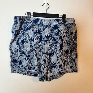 Briggs Womens XL Navy Blue White Tropical Leaf Print Linen Blend Pull On Shorts